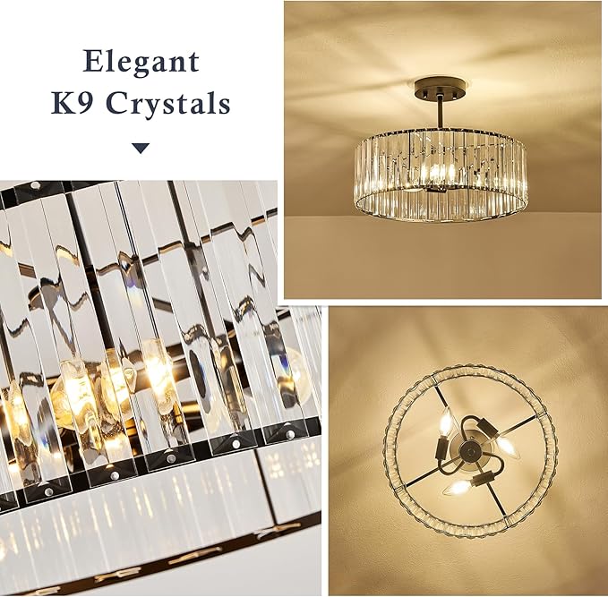 Pevfah Crystal Black Ceiling Light, Modern Semi Flush Mount Ceiling Lighting Fixture, Round Hallway Lighting Fixtures Chandelier for Kitchen Entryway Bedroom Dining Room, 3-Light, 15.7 Inch