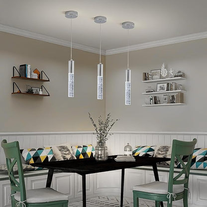 3-Pack Modern Crystal Pendant Light for Kitchen Island, Elegant Chrome LED Bubble Hanging Chandelier Lighting Fixture for Dining Room Bedside