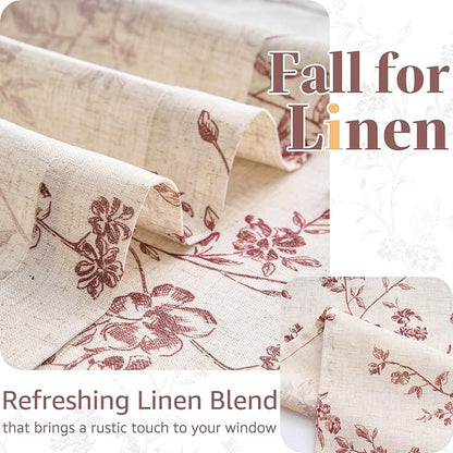 jinchan Floral Kitchen Curtains 24 Inch Linen Tier Curtains Farmhouse Cafe Half Window Drapes Over Sink Light Filtering for Living Room Laundry RV Rod Pocket 2 Panels Maroon Red on Beige