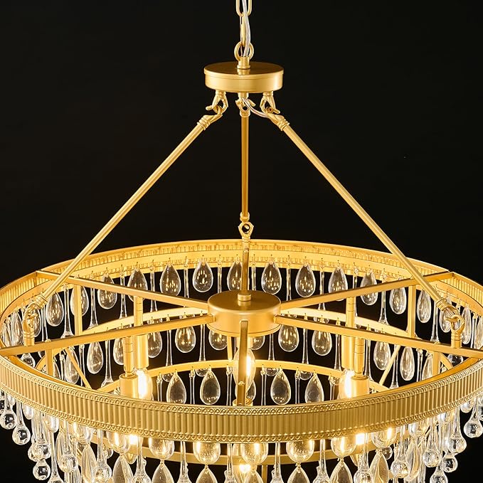 Gold Modern Raindrop Crystal Chandelier: 28" Round K9 Crystals 6-Light Contemporary Chandeliers for Dining Room Lights over Table - 3 Tiers Light Adjustable for Bedroom Living Kitchen Entryway Foyer