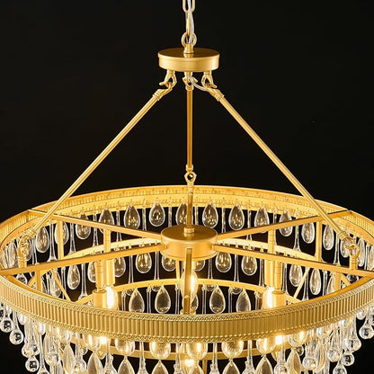 Gold Modern Raindrop Crystal Chandelier: 28" Round K9 Crystals 6-Light Contemporary Chandeliers for Dining Room Lights over Table - 3 Tiers Light Adjustable for Bedroom Living Kitchen Entryway Foyer
