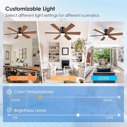 Asyko 46" Brown Low Profile Ceiling Fans with Lights and Remote, Modern Indoor Ceiling Fan Light with Quiet Reversible DC Motor, Flush Mount Ceiling Fans with Dimmable LED for Bedroom Kitchen
