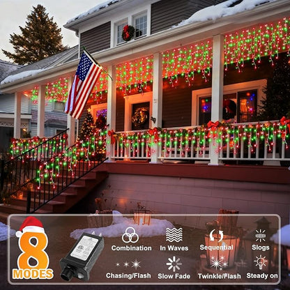 KNONEW Christmas Lights Outdoor Decorations 400 LED 33ft 8 Modes Curtain Fairy String Light with 75 Drops, Clear Wire LED String Light Indoor Decor for Wedding Party Christmas (Red and Green)
