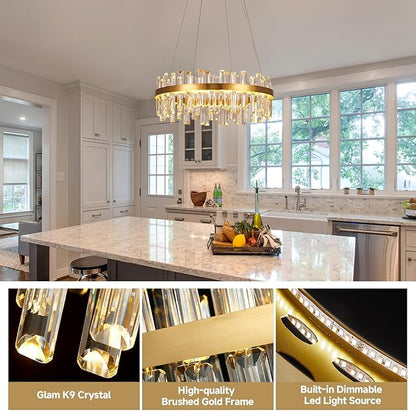Modern Gold Crystal Led Chandelier: 23.6" Round 3 Color Dimmable K9 Luxury Crystals Chandeliers for Dining Room Lights over Table - Elegant Contemporary Living Room Bedroom Kitchen Light with Remote