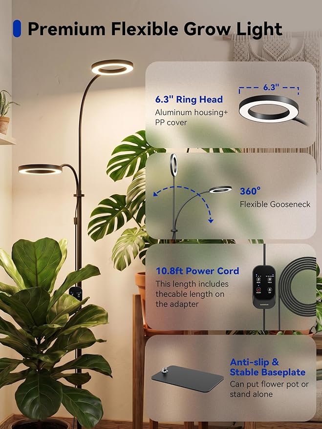 GLOWRIUM Grow Lights for Indoor Plants, 36W Full Spectrum 2-Head LED Plant Light with Stand, Adjustable Height, 3/9/12H Timer, 6 Dimmable Levels & 3 Lighting Modes(Black-Double Head)