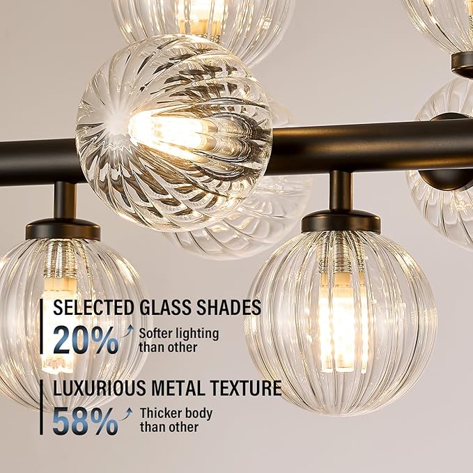 16-Light Globe Sputnik Chandelier, Linear Dining Room Light Fixture Over Table, Mid Century Modern Black Chandeliers for Dining Living Room, Kitchen Island Lighting (Clear Bubble, 40 Inch)