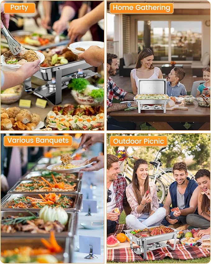 4 Pack Chafing Dishes for Buffet, Stainless Steel Catering Chafer with Lids, Pans & Fuel Holder, 8QT Food Warmers for Parties Buffet, Buffet Servers and Warmers for Parties, Events, Weddings,Silver