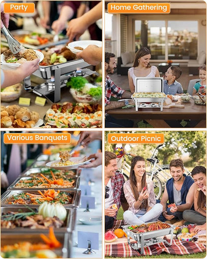 4 Pack Chafing Dishes for Buffet, Stainless Steel Catering Chafer with Lids, Pans & Fuel Holder, 8QT Food Warmers for Parties Buffet, Buffet Servers and Warmers for Parties, Events, Weddings,Silver