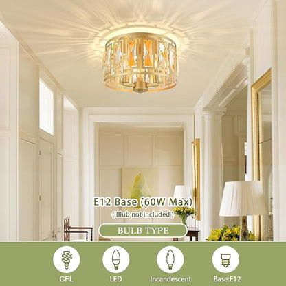Crystal Flush Mount Ceiling Light, Gold Hallway Lights Ceiling Mounted Small Flush Chandelier for Bedroom Foyer