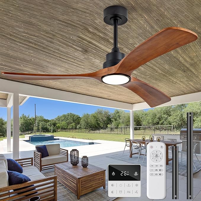 52 inch Ceiling Fans with Lights and Remote Control,Wall Switch,Solid Wood Blades,Dimmable,Reversible Noiseless,Power Off Memory Modern Black Ceiling Fan for Bedroom Patio Indoor/Outdoor Use
