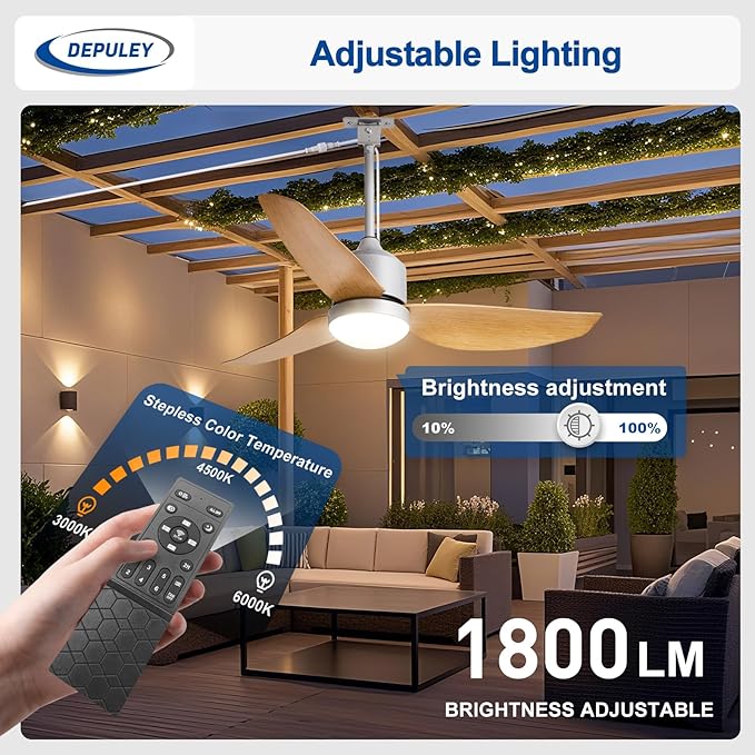 Depuley 42-Inch Ceiling Fans with Lights: Outdoor Waterproof Ceiling Fan for Patios - Plug in Gazebo Fans with Remote Control - Low Profile Outdoor Fan 3 CCT DC Motor for Pergola Porch - Wood Color