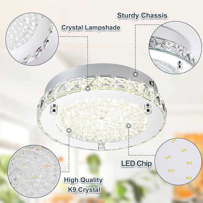 Flush Mount Ceiling Light Fixture Crystal Chrome Ceiling Lights for Kitchen, 8.3" Bedroom LED Light Fixture for Bathroom, Hallway, Closet, Foyer