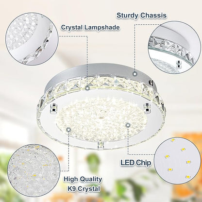 Flush Mount Ceiling Light Fixture Crystal Chrome Ceiling Lights for Kitchen, 8.3" Bedroom LED Light Fixture for Bathroom, Hallway, Closet, Foyer