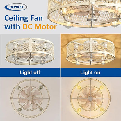 Depuley Flush Mount Ceiling Fan: 20" Caged Ceiling Fans with Lights and Remote Control for Kitchen Bedroom Farmhouse - Rustic Low Profile Ceiling Fandelier Lights Reversible 6 Speed Timer Cement