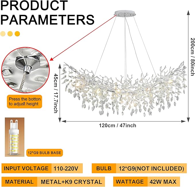 Modern Crystal Tree Branches Chandelier, 47.5in Silver 12 Lights Large Ceiling Hanging Light for Dining Room, Arc Raindrop Pendant Light Fixture