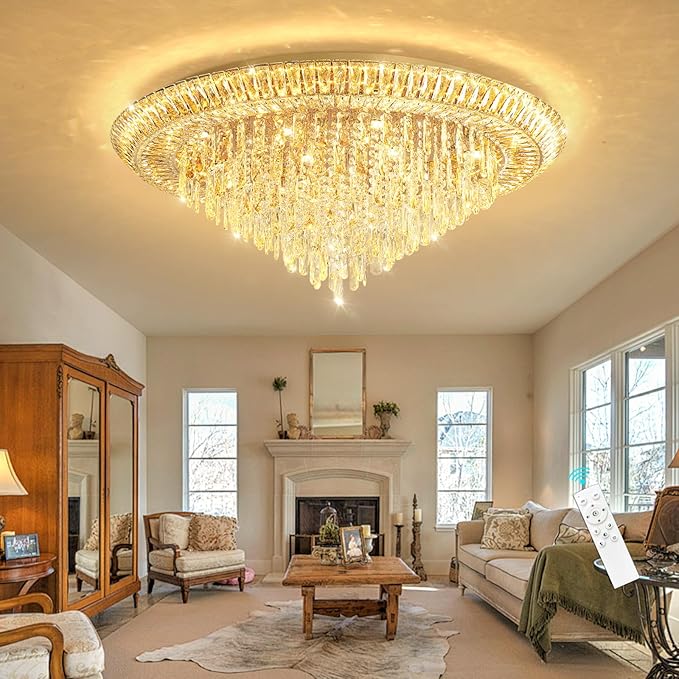 Modern LED Crystal Chandelier for Living Room Dimmable Large Ceiling Light Fixture Round Raindrop Chandeliers for Dining Room Entryway Bedroom Foyer Gold