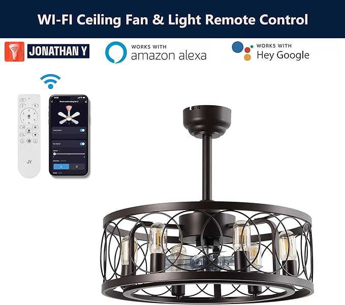 JONATHAN Y 21.6" Oil Rubbed Bronze 6-Light Caged Ceiling Fan with Lights, 6-Speed Industrial Farmhouse Flush Mount Fan with Remote and App Control, Metal Cage Shade, 6 LED Bulbs JYL9732A