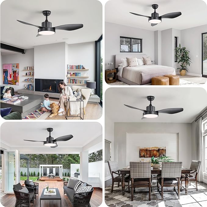 Sofucor 48 Inch Ceiling Fan with Lights Flush Mount Modern Outdoor Ceiling Fans with Remote,3 CCT Dimmable Quiet DC Motor & Timer for Patio/Bedroom/Farmhouse/Indoor (Black, 48 Inch/Smart Control)