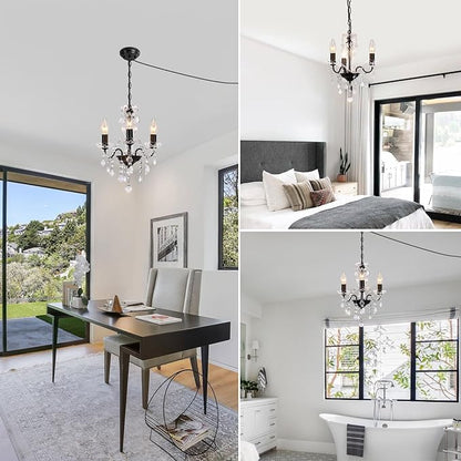 Plug in Chandelier with Glass Crystals, 3-Light Black Miniature Crystal Chandelier, Modern Antique Pendant Light for Small Spaces, Bedroom Kitchen Island Entryway Covered Patio, E12 Base