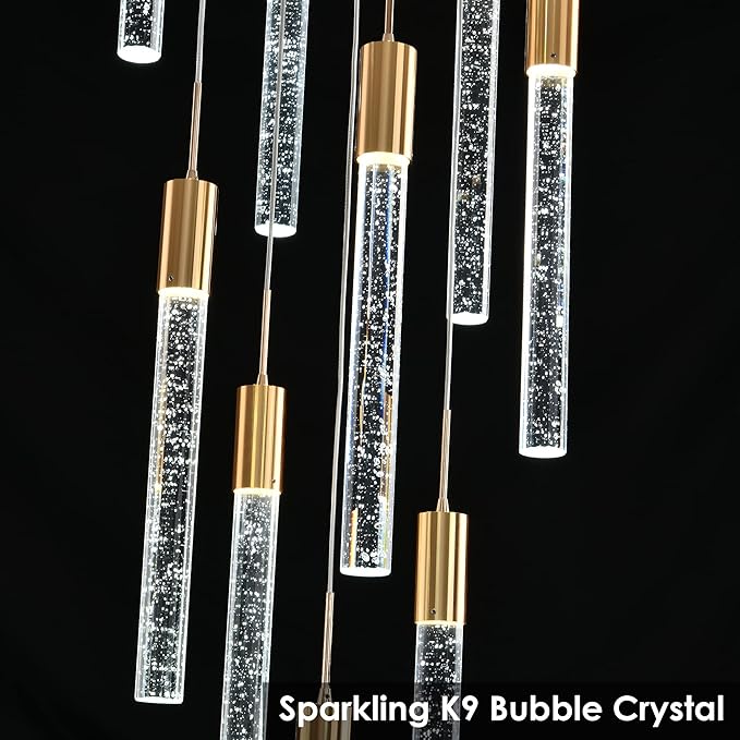 Modern High Ceiling Crystal Chandelier 9-Lights, Gold Spiral LED Raindrop Foyer Pendant Lighting, Bubble Staircase Living Room Hanging Light Fixture Flush Mount