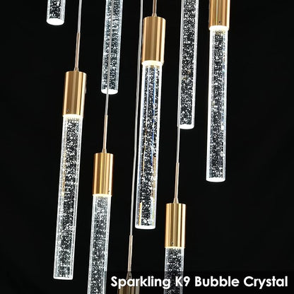 Modern High Ceiling Crystal Chandelier 9-Lights, Gold Spiral LED Raindrop Foyer Pendant Lighting, Bubble Staircase Living Room Hanging Light Fixture Flush Mount