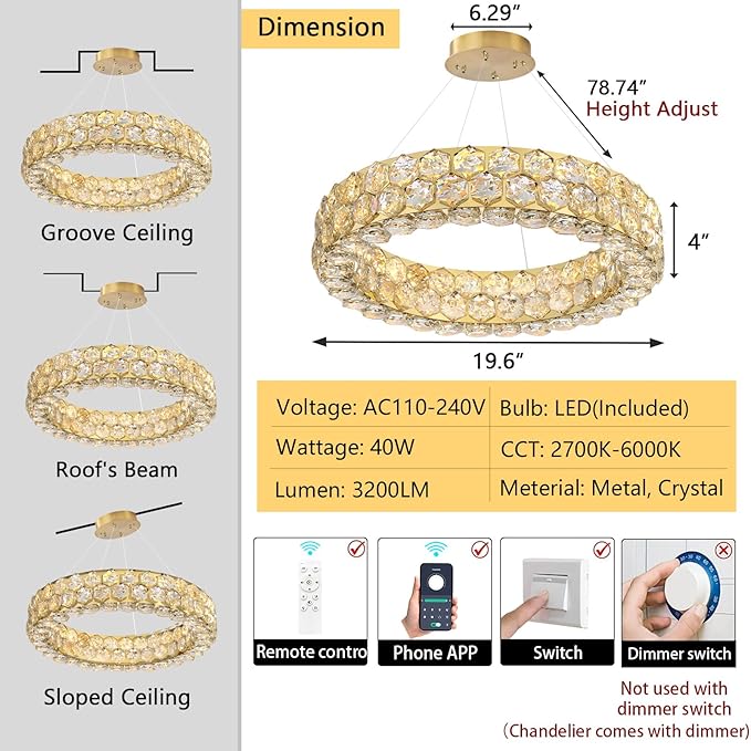 Modern Crystal Chandelier Ring Chandeliers for Dining Room Living Room Round LED Dimmable Ceiling Light Fixture for Bedroom Hallway Foyer Gold