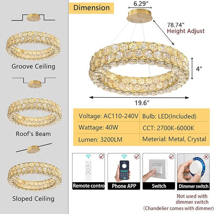 Modern Crystal Chandelier Ring Chandeliers for Dining Room Living Room Round LED Dimmable Ceiling Light Fixture for Bedroom Hallway Foyer Gold