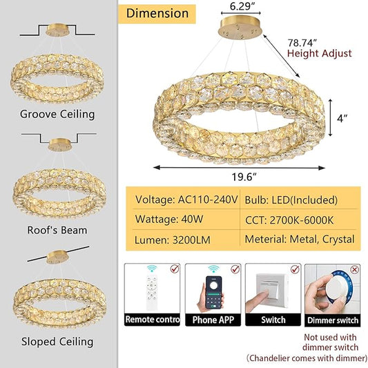 Modern Crystal Chandelier Ring Chandeliers for Dining Room Living Room Round LED Dimmable Ceiling Light Fixture for Bedroom Hallway Foyer Gold