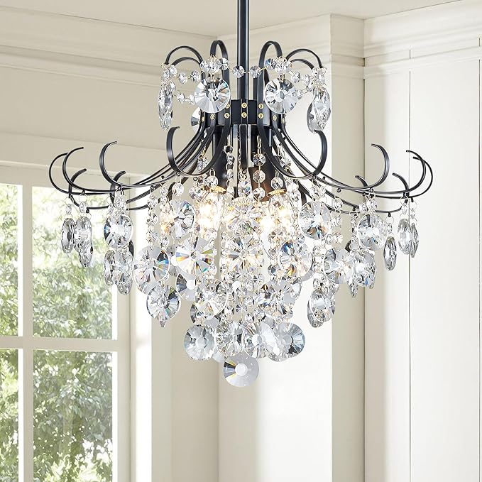 Black Crystal Chandeliers, 4-Light Modern Dining Room Light Fixture, Living Room Bedroom Pendant Ceiling Lamp, Industry Adjustable Hanging Light, H 17.7'' x W 18.1''