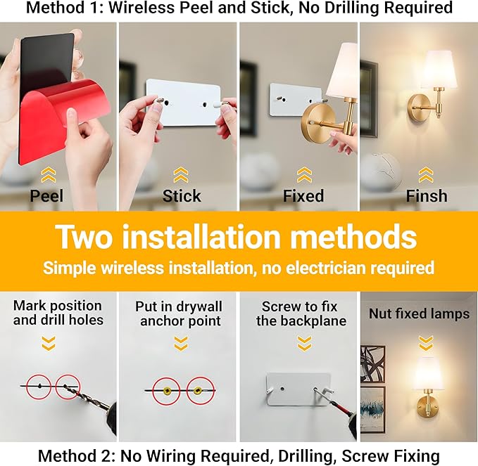 Vimhou Peel and Stick Wall Sconces, Stick On Wall Sconce Set of 2, Battery Operated Wireless Wall Light, No Drill Adhesive Wall Lamp, Corn Bulb with 10000mAh Rechargeable Battery, Bedroom Wall Decor