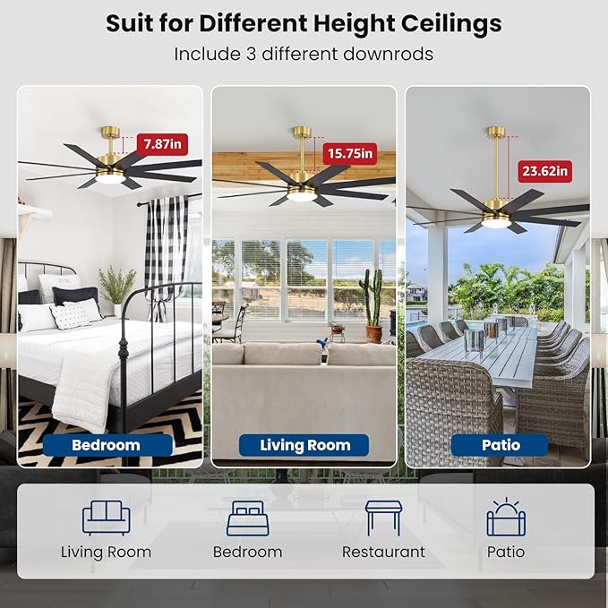 60 Inch Ceiling Fans with Lights and Remote, Dual Color 6 Blades, Bedroom Living Room Office Library Cafe Outdoor Industrial, 3CCT Dimmable, 6 Speed Reversible Quiet DC Motor, Gold/Wood Grain