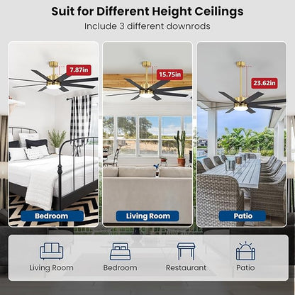 60 Inch Ceiling Fans with Lights and Remote, Dual Color 6 Blades, Bedroom Living Room Office Library Cafe Outdoor Industrial, 3CCT Dimmable, 6 Speed Reversible Quiet DC Motor, Gold/Wood Grain