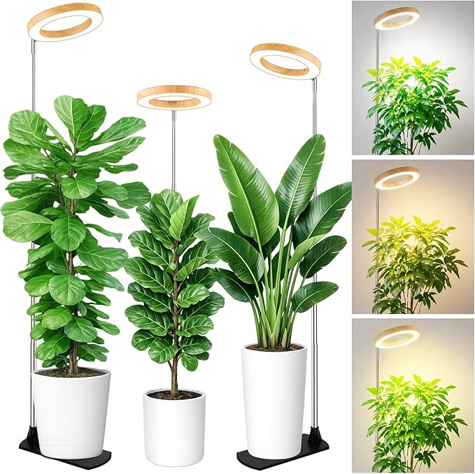 LBW Grow Lights for Indoor Plants, 6.3" Full Spectrum Plant Light with Base, 65" Height Adjustable Grow Lamp, 6/8/12/16H Timer, 3 Color, 5 Dimmable Level, for Tall Large Plants, Bamboo Grain, 3 Pack