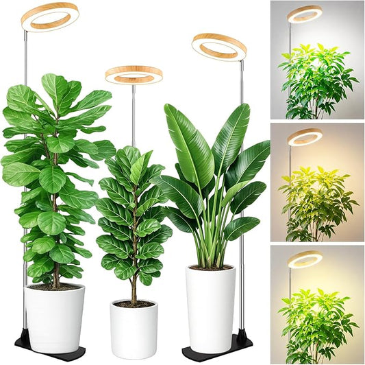 LBW Grow Lights for Indoor Plants, 6.3" Full Spectrum Plant Light with Base, 65" Height Adjustable Grow Lamp, 6/8/12/16H Timer, 3 Color, 5 Dimmable Level, for Tall Large Plants, Bamboo Grain, 3 Pack