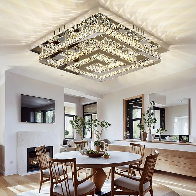 34" Large Crystal Chandelier with Remote/APP Control, 3 Color Temperature Light Fixture & Brightness Adjustable, Modern Flush Mount LED Ceiling Light Fixture for LivingRoom Kitchen Hallway Dining Room