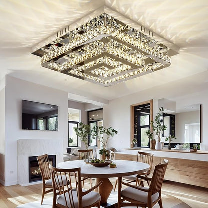 34" Large Crystal Chandelier with Remote/APP Control, 3 Color Temperature Light Fixture & Brightness Adjustable, Modern Flush Mount LED Ceiling Light Fixture for LivingRoom Kitchen Hallway Dining Room