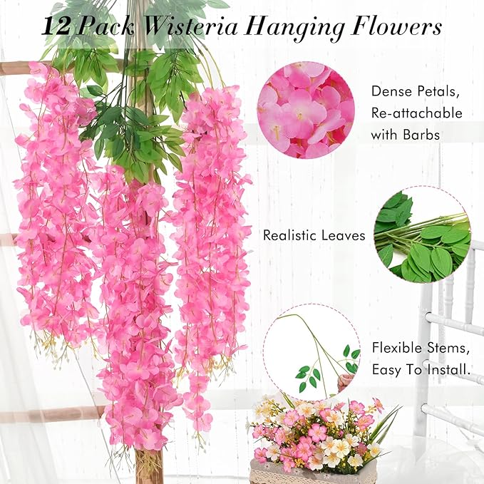 Waipfaru 12 Pack Wisteria Hanging Flowers, 3.6 Feet/Pcs Pink Wisteria Artificial Flowers, Fake Flowers Garland, Hanging Wisteria Vines for Bedroom Wedding Home Party Wall Decoration