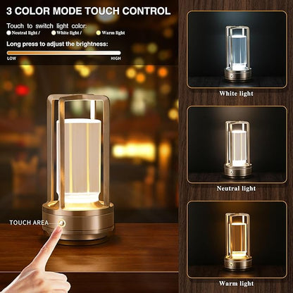 Anxingtools Portable Metal Table Lamp,Cordless Table Lamp, Rechargeable Battery Powered Portable LED Desk Lamp, 3 Color Stepless Dimming Touch, for Bedroom Restaurant Home Outdoor (Silver)