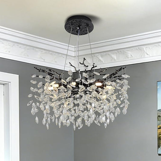 Modern Crystal Tree Branches Chandelier, 23.5in Black 8 Lights Large Ceiling Hanging Light for Dining Room, Round Raindrop Pendant Light Fixture