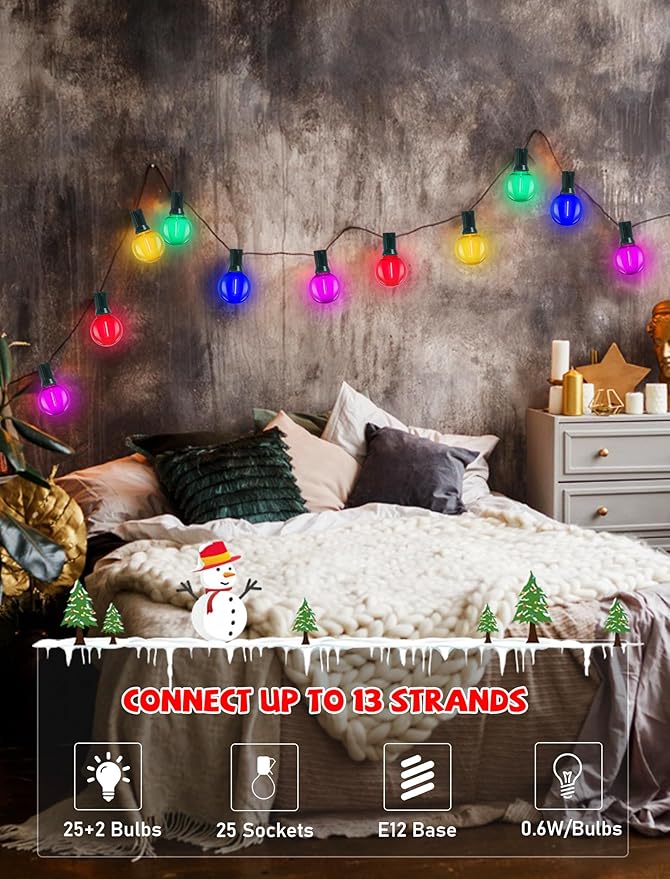 G40 LED Christmas String Lights, 50FT Christmas G40 String Lights with 27 Shatterproof G40 LED Clear Multicolor Bulbs, Outdoor Decoration Lights for Patio Backyard Roofline Garden Yard