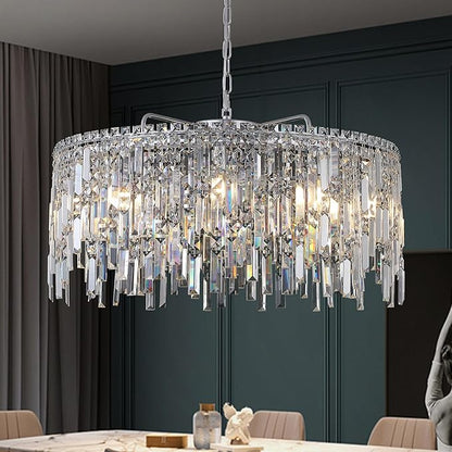 A AXILIXI Large Crystal Chandelier 30'' Chrome Modern Chandelier for Dining Room 10 Light Drum Chandelier Luxury K9 Raindrop Crystal Ceiling Pendant Fixtures for Living Room Bedroom Staircase Foyer