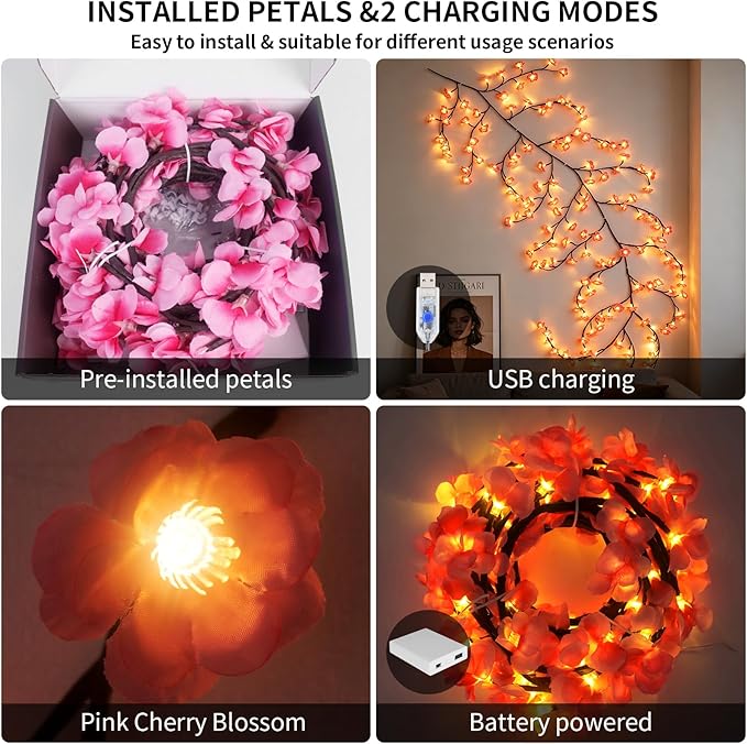 FNHMSL Cherry Enchanted Willow Vine Lights, 4FT 48LED Pink Cherry Blossom Tree Branch Lights for Wall, Remote Timer,8 Light Model,Bedroom Wall Doors Wedding, Christmas, USB Battery Box