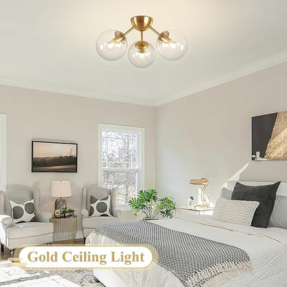Bagood Mid-Century Modern Semi Flush Mount Ceiling Light 3 Lights Clear Glass Modern Globe Ceiling Light Gold Brass Sputnik Chandeliers for Hallway Entryway Kitchen Bedroom Laundry(Bulb Incl.)