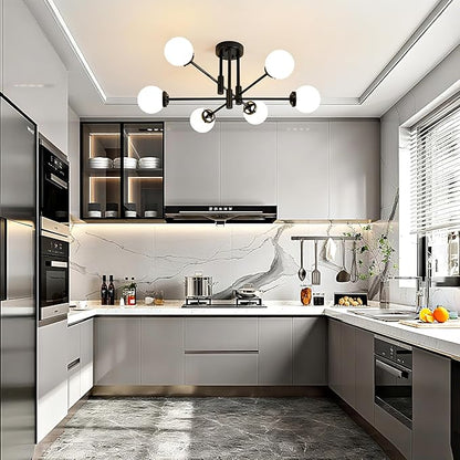 Biewalk Sputnik Ceiling Light Fixture 6 Light Sputnik Chandeliers, Black Chandelier Light Fixture with Milk White Glass Shade for Living Room Kitchen Bedroom Dining Room (E26 Bulb Excluded)