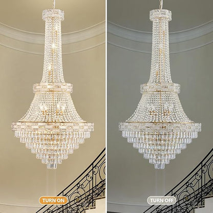 25-Light Gold Crystal Chandelier, 3-Layer High Ceiling Hanging Chandeliers Modern Large Chandeliers Light Fixture for High Ceilings,Entryway,Foyer,Staircase,Hallway,Living Room(H60 x D31)