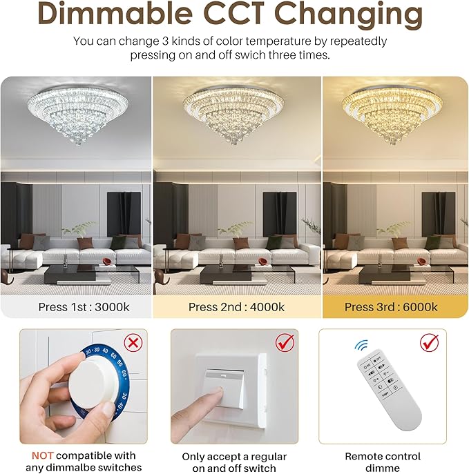 Miuyhji Elegant LED Crystal Raindrop Ceiling Light, 30" Flush Mount Chandelier Light Fixture with Remote Control for Living Room Kitchen Island Bedroom Hallway Entryway Foyer(Dimmable)