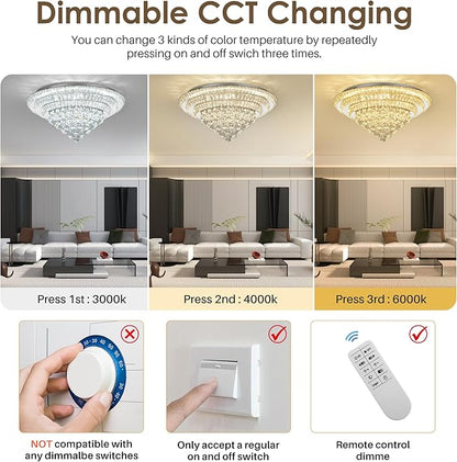 Miuyhji Elegant LED Crystal Raindrop Ceiling Light, 30" Flush Mount Chandelier Light Fixture with Remote Control for Living Room Kitchen Island Bedroom Hallway Entryway Foyer(Dimmable)