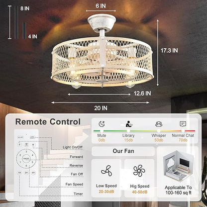 Depuley Outdoor Ceiling Fan with Light: 20" Caged Ceiling Fans with Remote Control for Patio Kitchen Bedroom - Farmhouse Fandelier Flush Mount Lights Fixture Reversible 6 Speed Timer Cement