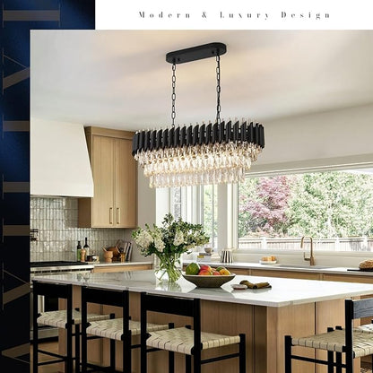 A AXILIXI Modern Rectangular Chandelier Black and Gold Crystal Chandeliers for Dining Room Linear Ceiling Pendant Light Long 32” Luxury Oval Chandelier 8 Lights for Kitchen Island Living Room