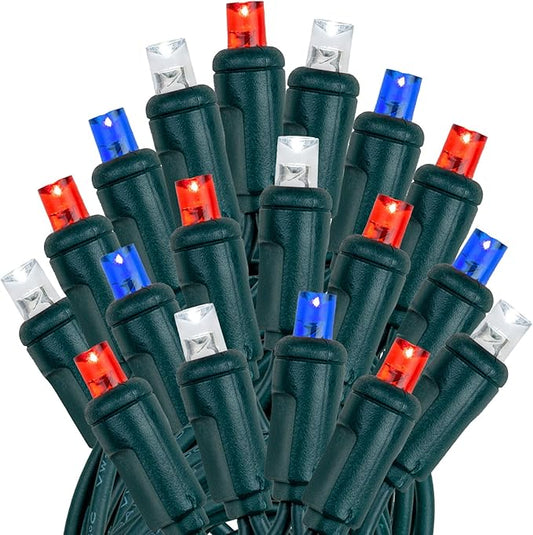 Novelty Lights 50 LED 25ft Red White Blue Lights, USA Patriotic 4th of July String Lights, Wide Angle Mini Lights on Green Wire, Commercial Grade, Connectable Indoor Outdoor Christmas Lights